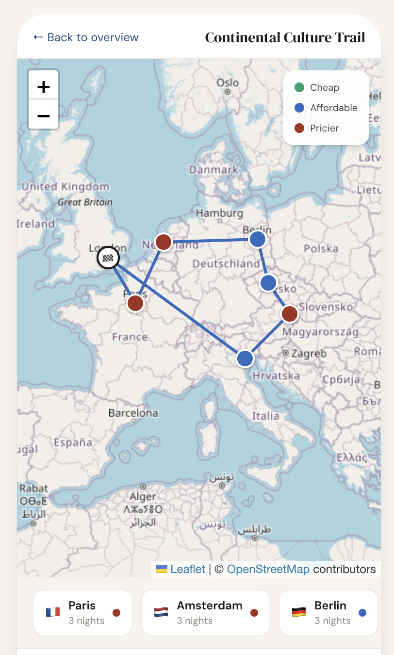 Map screen showing Europe route