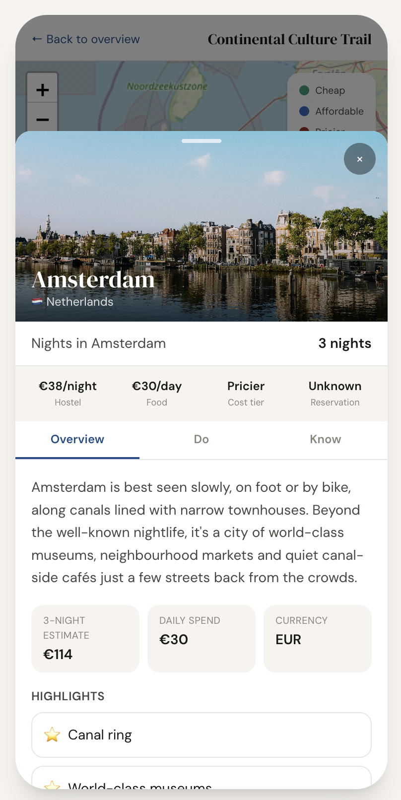 City detail screen showing Amsterdam